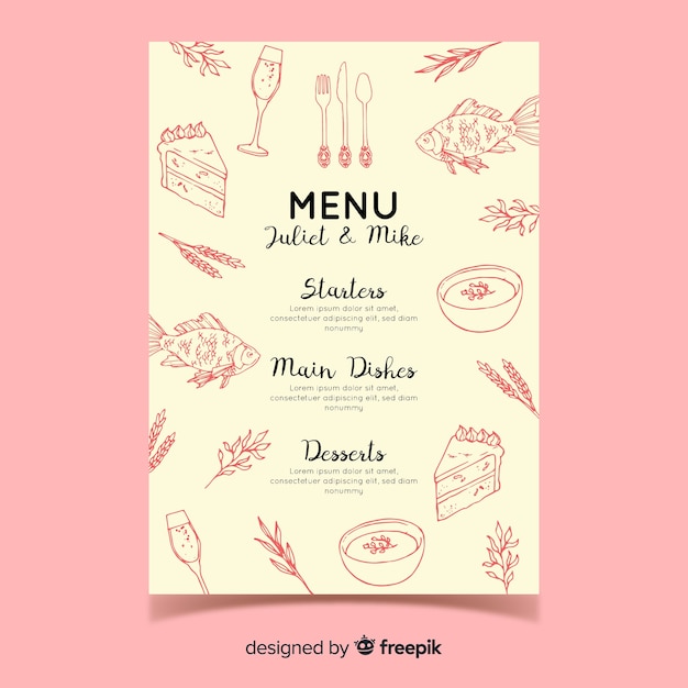 Vettore gratuito modello di menu di nozze disegnato a mano