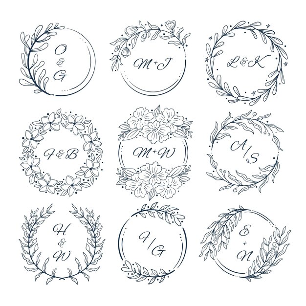 手描きの結婚式のモノグラムのロゴ