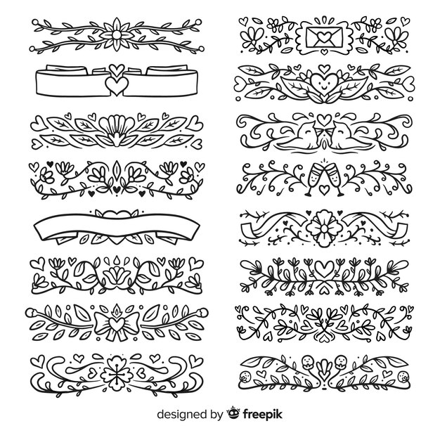 Collezione di ornamenti di nozze disegnati a mano