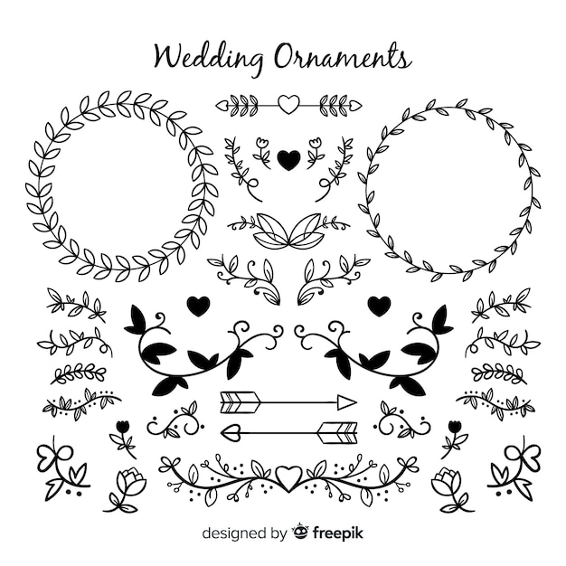 Vettore gratuito collezione di ornamenti di nozze disegnati a mano