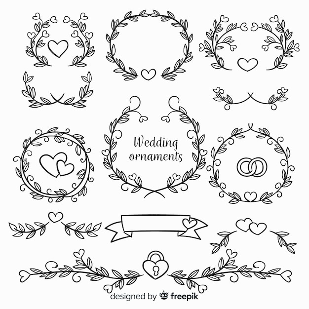 Raccolta di ornamenti di nozze disegnati a mano