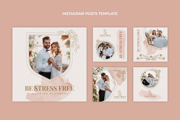 Vettore gratuito collezione di post di instagram di wedding planner disegnati a mano