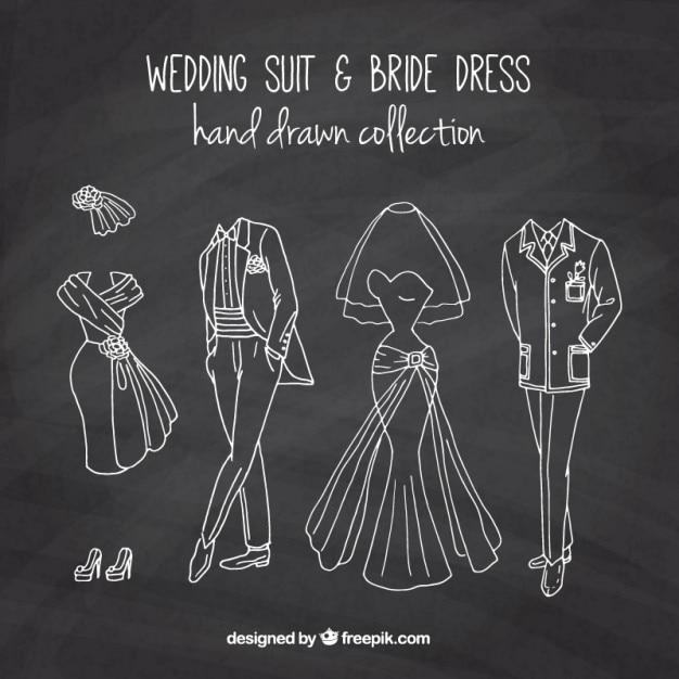 Free Vector hand drawn wedding suit and  brid dress in chalkboard effect