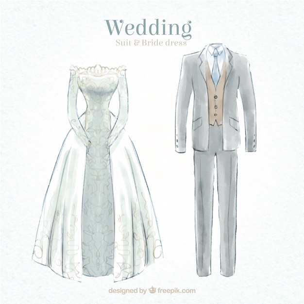 Hand drawn wedding suit and bride dress free vector download