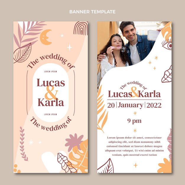 Hand drawn wedding vertical banners with leaves