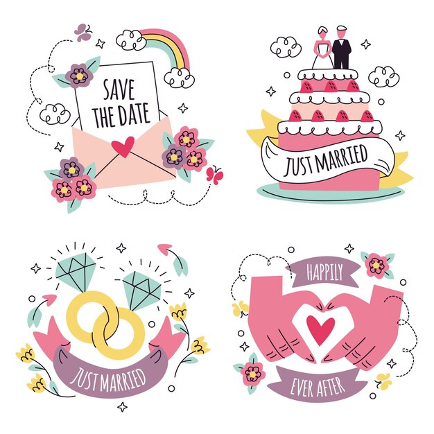 Free vector hand drawn weeding stickers collection