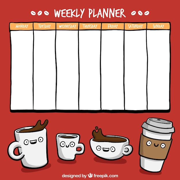 Free vector hand drawn weekly planner with coffee cups drawings