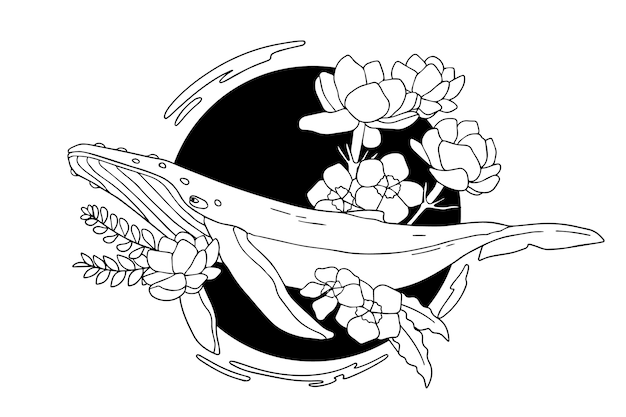 Hand drawn whale with flowers illustration