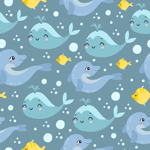 hand drawn whales and dolphins pattern