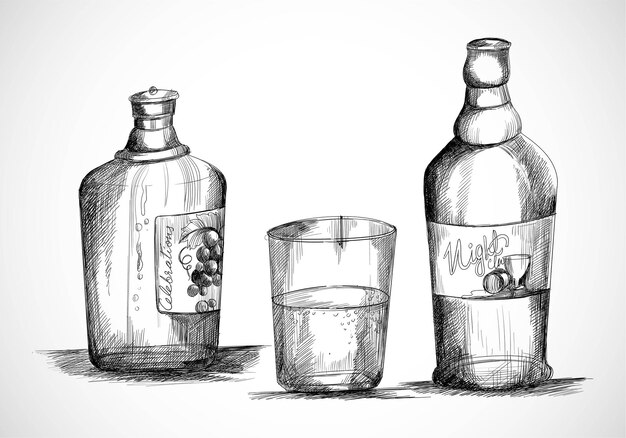 Нарисованная рукой бутылка виски с эскизным дизайном стакана
