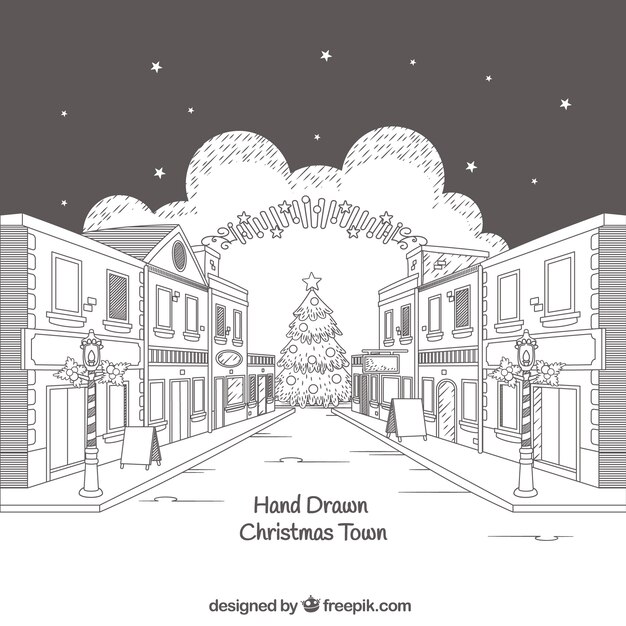 Рисованный белый и серый рождественский город