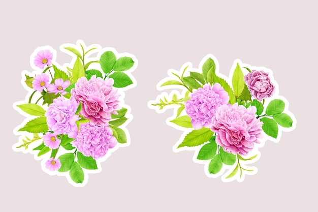 無料ベクター 手描きの白いバラの花束と枝の花のステッカーイラスト