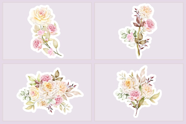 Hand drawn WHITE rose bouquet and branch floral sticker illustration