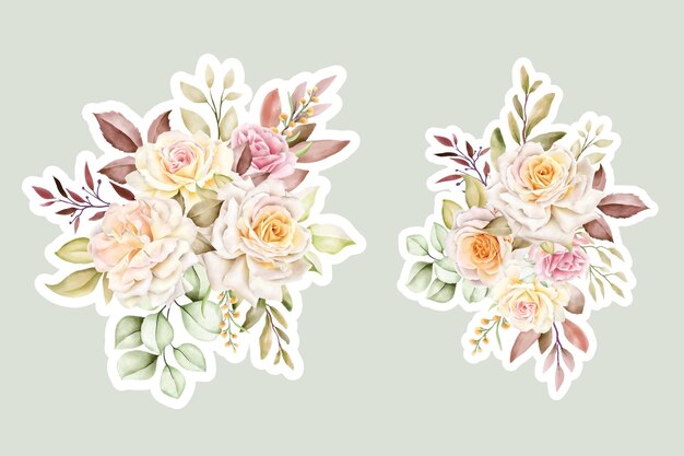 Hand drawn WHITE rose bouquet and branch floral sticker illustration