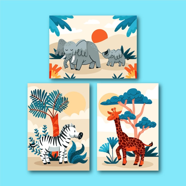 Vettore gratuito confezione di copertine di animali selvatici disegnati a mano