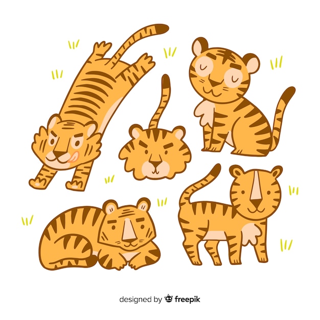 Free vector hand drawn wild tiger collection