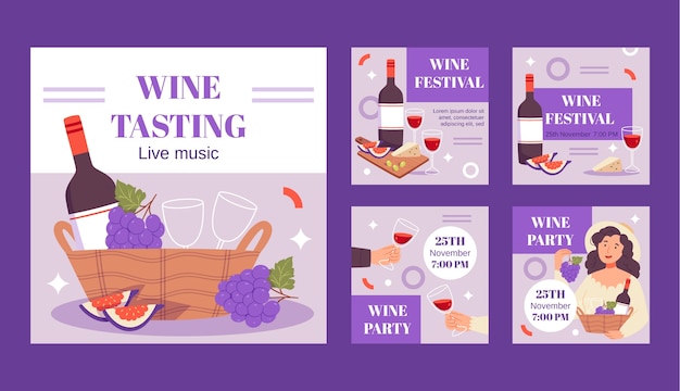 Free vector hand drawn wine festival instagram posts