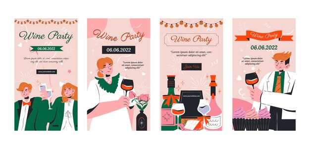 Free vector hand drawn wine party instagram stories set