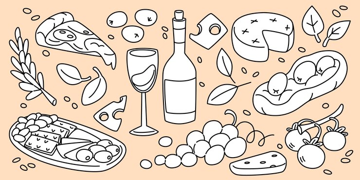 Free Vector hand drawn wine and pizza illustration set