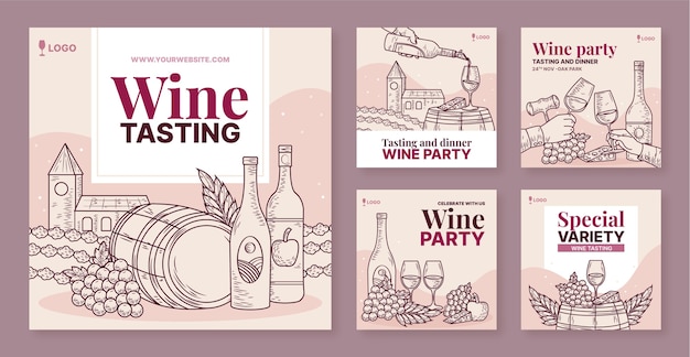 Free vector hand drawn wine tasting instagram posts