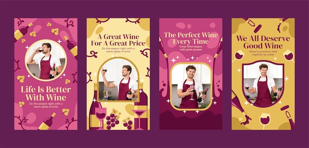 Vettore gratuito storie di instagram di degustazione di vini disegnate a mano