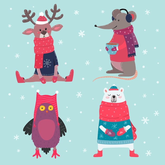 Free vector hand drawn winter animals collection