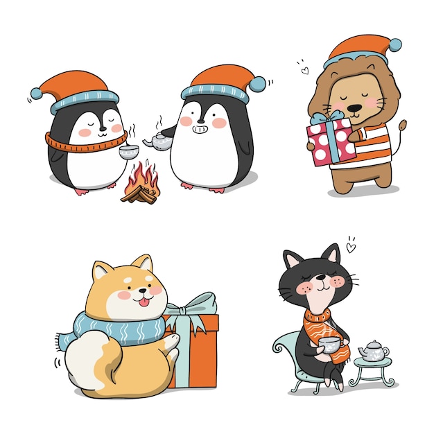 Free vector hand drawn winter animals collection