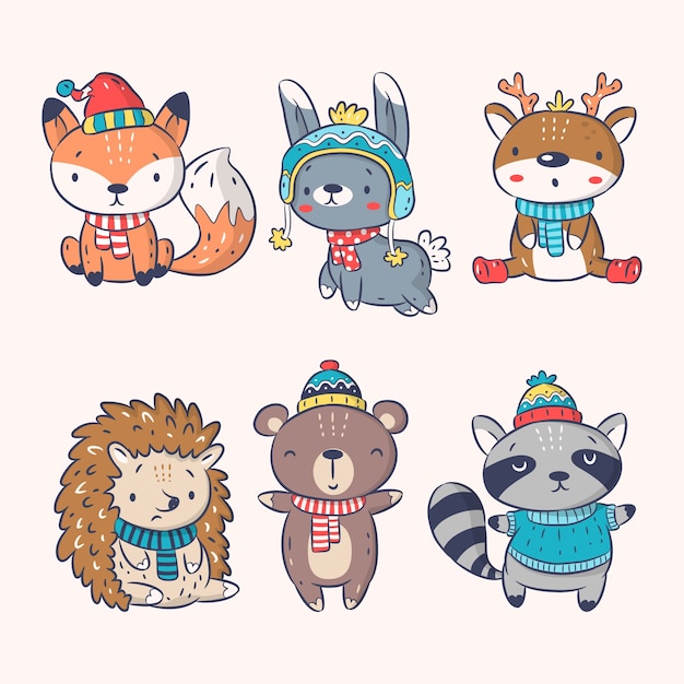 Бесплатное векторное изображение Коллекция рисованной зимних животных