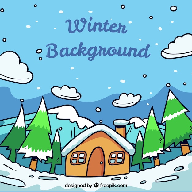 Hand drawn winter background with a house