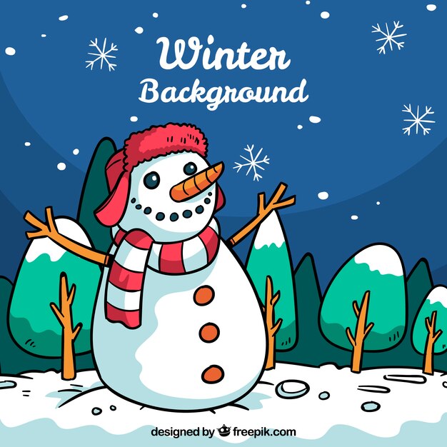 Hand drawn winter background with a snowman