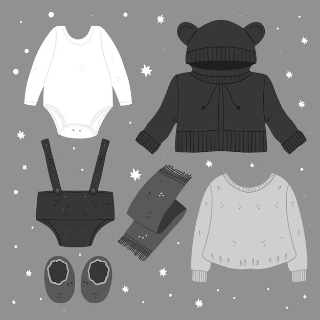 Коллекция рисованной зимней одежды и предметов первой необходимости