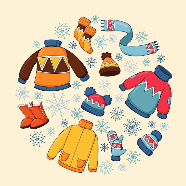 Vettore gratuito collezione di vestiti invernali ed elementi essenziali disegnati a mano