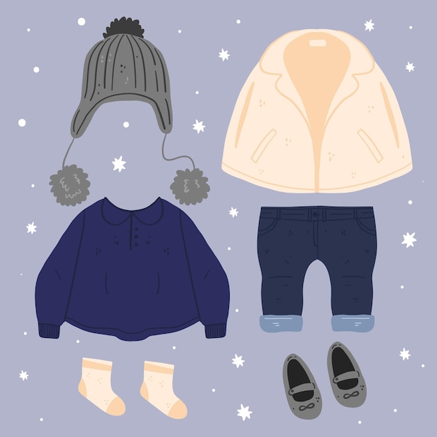 Hand drawn winter clothes and essentials collection