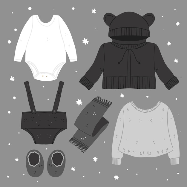 Hand drawn winter clothes and essentials collection