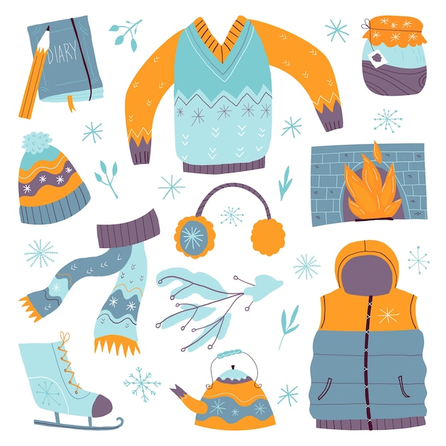 Free vector hand drawn winter clothes and essentials collection