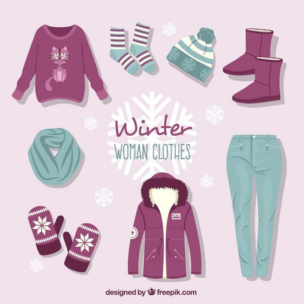 Hand drawn winter clothing collection with accessories