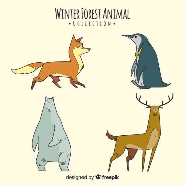 Hand drawn winter forest animal collection