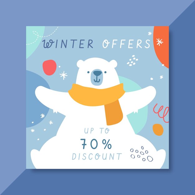 Hand-drawn winter instagram post template with polar bear