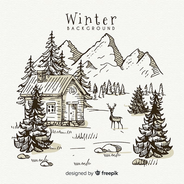 Free vector hand drawn winter landscape background