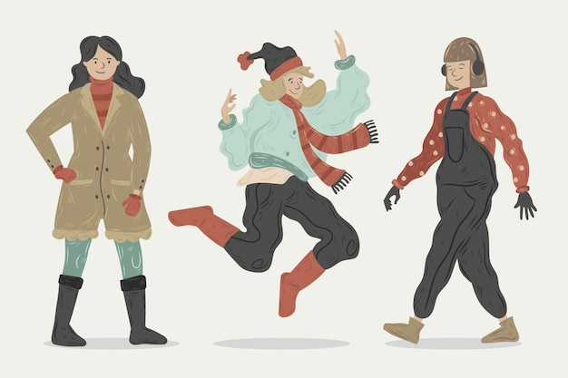 Free vector hand drawn winter people collection