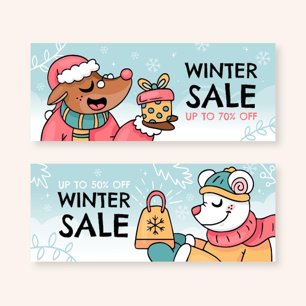 Hand drawn winter sale horizontal banners set