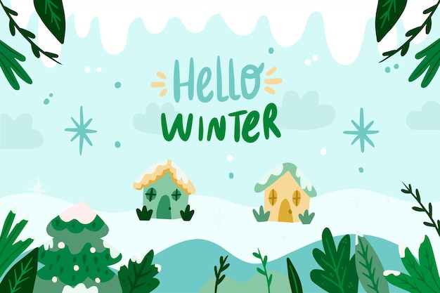 Hand drawn winter wallpaper with hello winter text