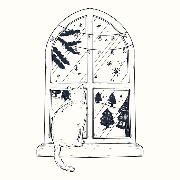 手描きの冬の窓のイラスト