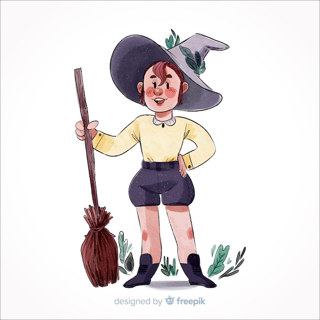 Free vector hand drawn witch with shorts and broom