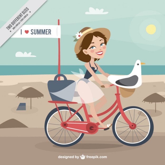 Free vector hand drawn woman on a bike with seagull background