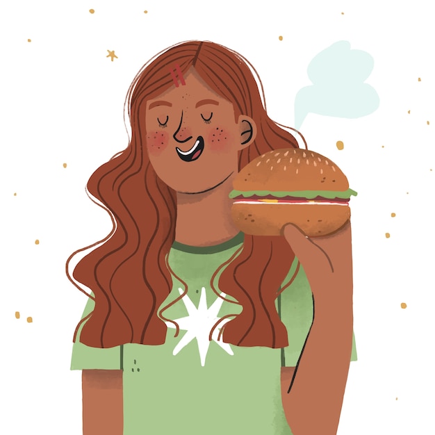Бесплатное векторное изображение Нарисованная рукой женщина ест гамбургер иллюстрацию