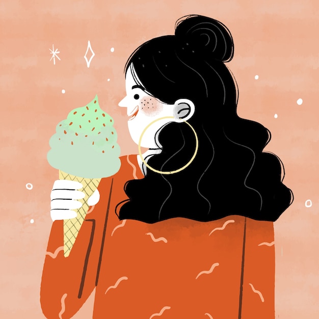 Vettore gratuito illustrazione disegnata a mano della donna che mangia il gelato