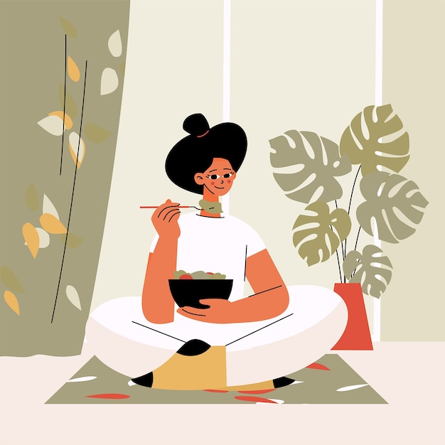 Hand drawn woman eating illustration