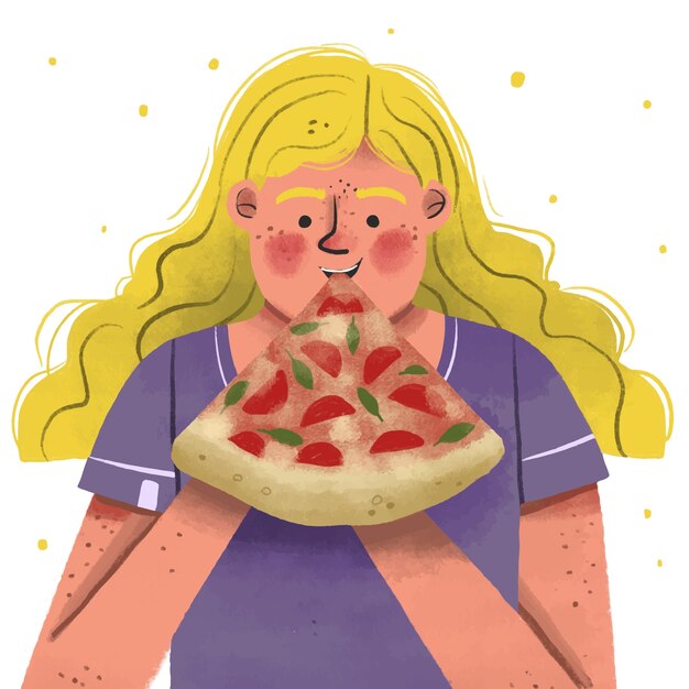 Donna disegnata a mano che mangia pizza illustrazione