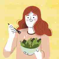 Free vector hand drawn woman eating salad illustration